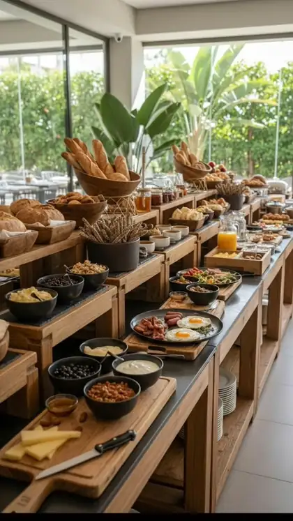 Moving shot over a breakfast buffet with eggs and bacon