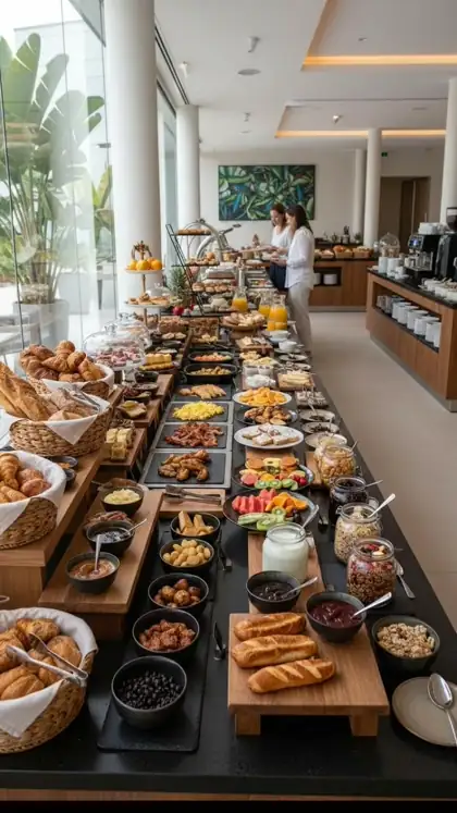 Plate with croissant and melon in front of a large buffet